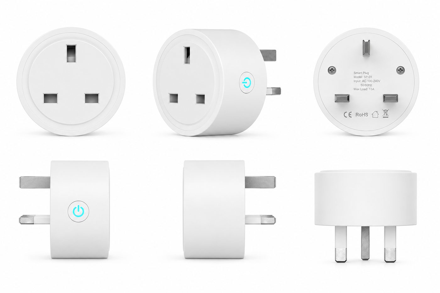Six views of the Ampere metering plug: face, angled with its illuminated power button, rear label rated 100–240 V at 16 A, and the three-pin plug side.